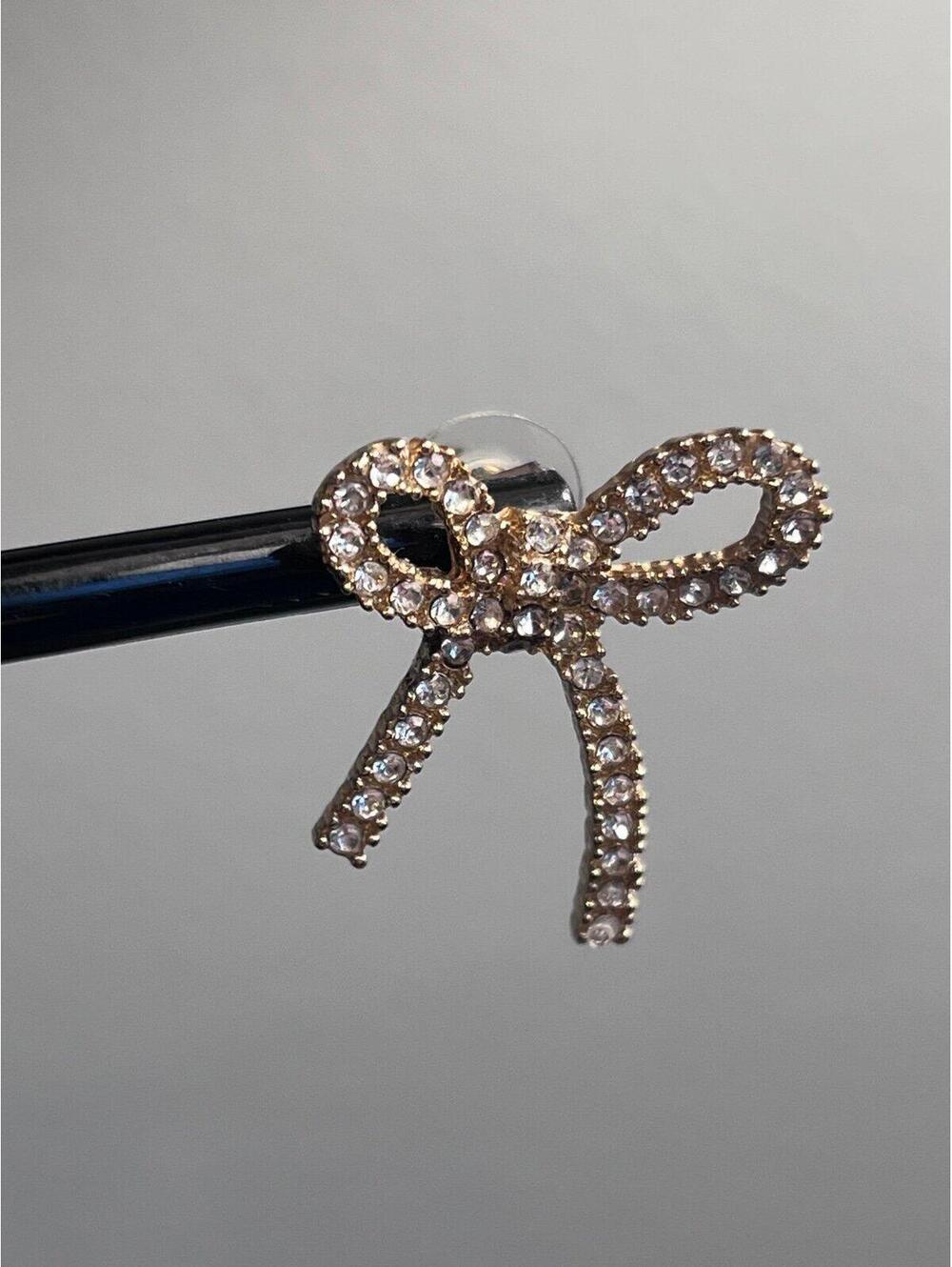 Bow Shaped Stud Earrings in Gold w/ Pave Cubic Zirconia - Picture 8 of 11